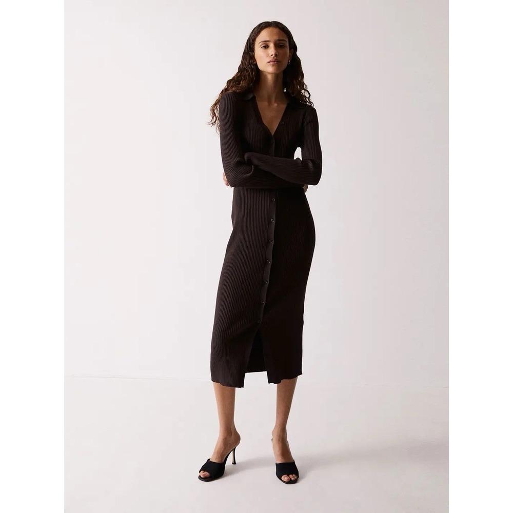 H&M Rib-Knit Button-Front Fitted V-Neck Midi Viscose Dress Chocolate Brown XS